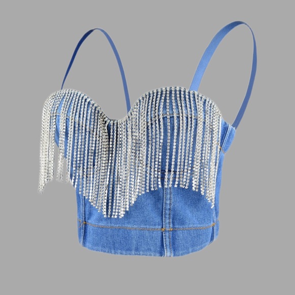 NWT Cropped Denim Top w/ Rhinestone Fringe Embellishments SZ XS - Picture 1 of 3
